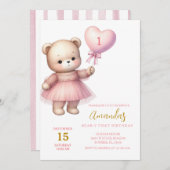 ガールベアハートピンクバルーン最初の誕生日 招待状 (正面/裏面)