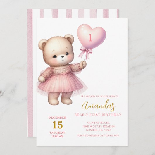 ガールベアハートピンクバルーン最初の誕生日 招待状 (正面/裏面)