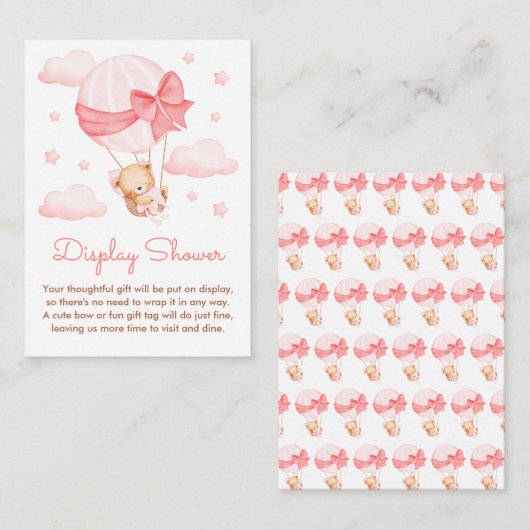 ガールベアーピンクバルーンベビーディスプレイシャワー エンクロージャーカード (正面/裏面)