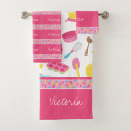 ガールベイカーピンク料理パターンシェフキッドバスルーム バスタオルセット