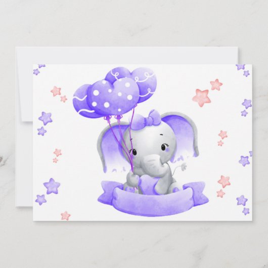 ガールベイビーシャワーピンクパープルシルバーベビーゾウ 招待状 (裏面)