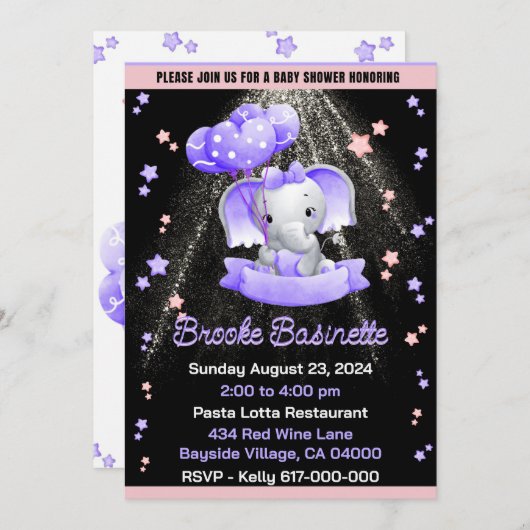 ガールベイビーシャワーピンクパープルシルバーベビーゾウ 招待状 (正面/裏面)