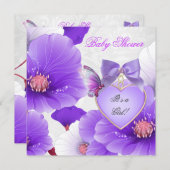 ガールベイビーシャワーピンクパープルバタフライフローラ2 招待状 (正面/裏面)