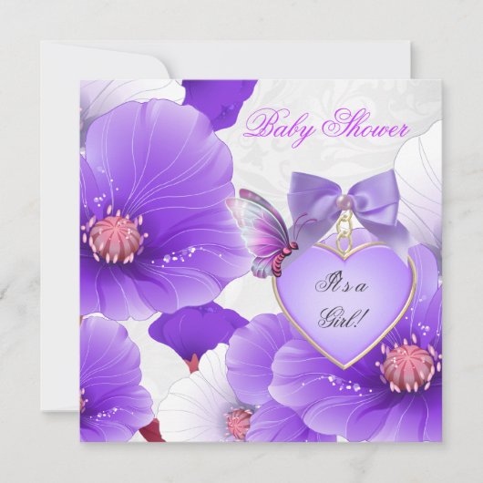 ガールベイビーシャワーピンクパープルバタフライフローラ2 招待状 (正面)