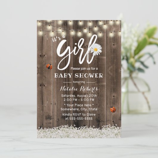 ガールベイビーシャワー素朴デイジーベビーズブレスフラワー 招待状 (スタンド正面)