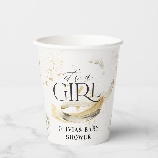 ガールベイビーシャワー自然金ゴールド抽象芸術水色 紙コップ (正面)