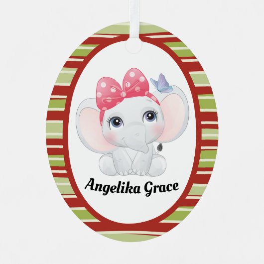 ガールベビーエレファントウィズボウ名前をカスタムする メタルオーナメント (正面)