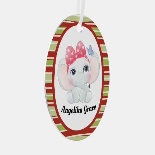 ガールベビーエレファントウィズボウ名前をカスタムする メタルオーナメント (正面右)