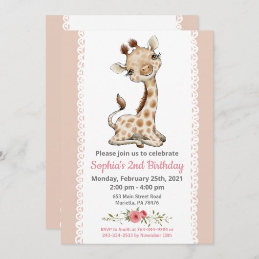 ガールベビーキリン誕生日パーティーの招待 招待状 (正面/裏面)
