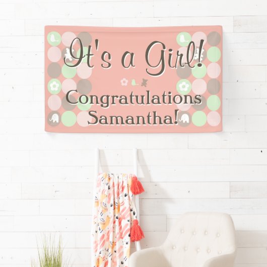 ガールベビーシャワーカスタムプリンテッドピンクの茶色のドット 横断幕 (インサイチュ)
