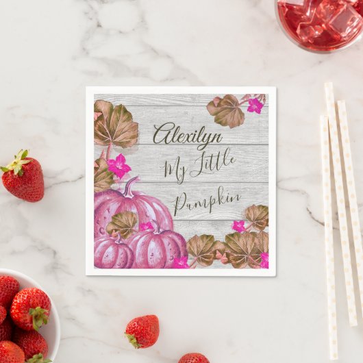 ガールベビーシャワーグレイ木秋ピンクカボチャ スタンダードカクテルナプキン (インサイチュ)