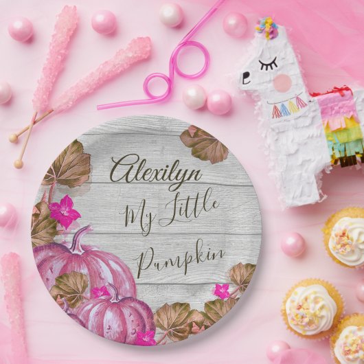 ガールベビーシャワーグレイ木秋ピンクカボチャ ペーパープレート (パーティー)