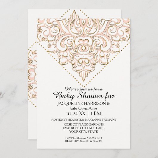 ガールベビーシャワーダマスクパターンバラ金ゴールドドットレース 招待状 (正面/裏面)