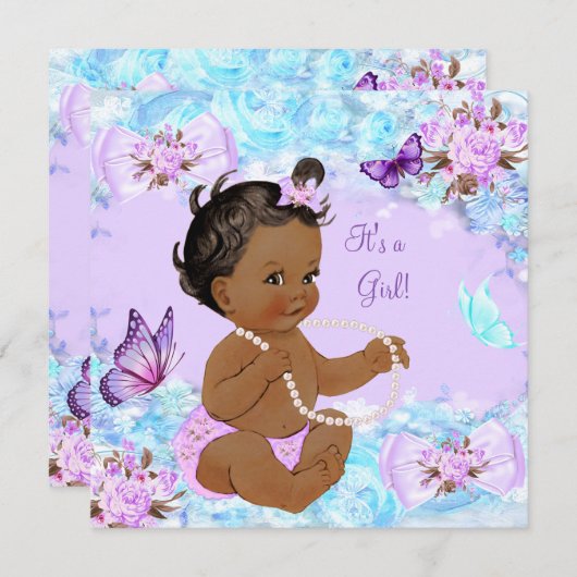 ガールベビーシャワーティール(緑がかった色)パープルバタフライエスニック 招待状 (正面/裏面)