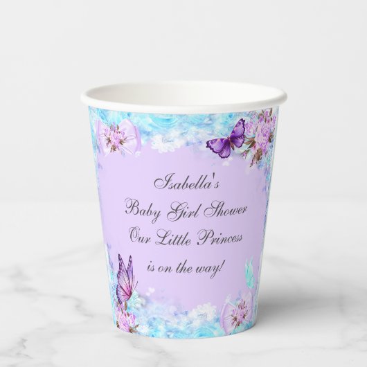 ガールベビーシャワーティール（緑がかった色）パープルバタフライエスニック 紙コップ (裏面)
