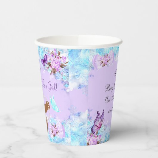 ガールベビーシャワーティール（緑がかった色）パープルバタフライエスニック 紙コップ (左)