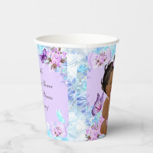 ガールベビーシャワーティール（緑がかった色）パープルバタフライエスニック 紙コップ (右)