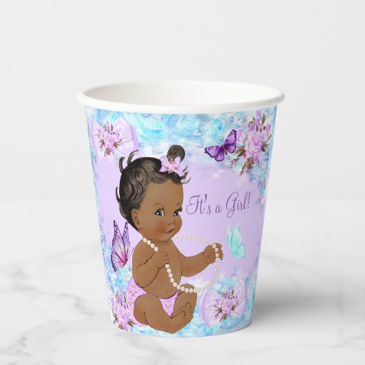ガールベビーシャワーティール（緑がかった色）パープルバタフライエスニック 紙コップ (正面)