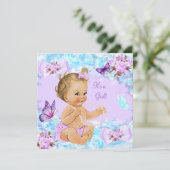 ガールベビーシャワーティール（緑がかった色）パープルバタフライブロンド 招待状 (スタンド正面)