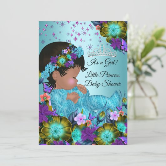 ガールベビーシャワーティール（緑がかった色）ブルーパープルフローラエスニック 招待状 (スタンド正面)