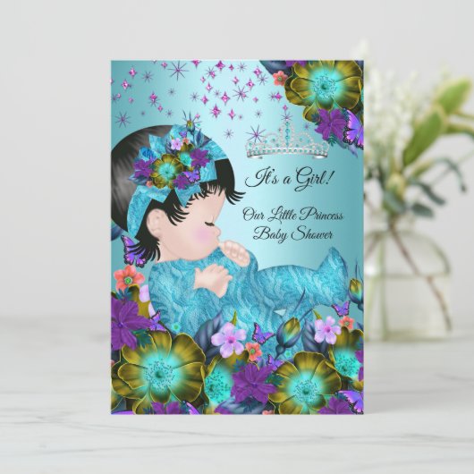 ガールベビーシャワーティール(緑がかった色)ブルーパープルフローラ 招待状 (スタンド正面)