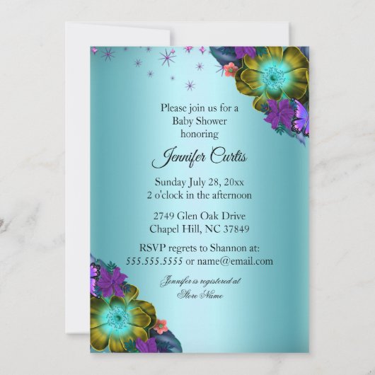ガールベビーシャワーティール（緑がかった色）ブルーパープルフローラ 招待状 (裏面)