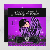 ガールベビーシャワーパーティーパープルブラックレース 招待状 (正面/裏面)
