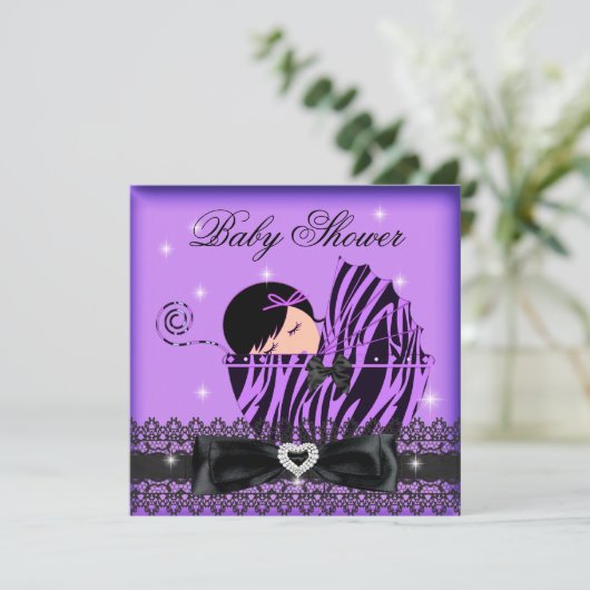 ガールベビーシャワーパーティーパープルブラックレース 招待状 (スタンド正面)