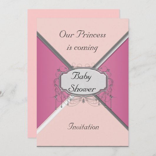 ガールベビーシャワーパーティーピンクシルバー招待状 招待状 (正面/裏面)