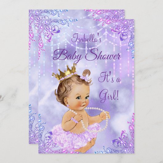 ガールベビーシャワーパープル薄紫パールブルネット 招待状 (正面/裏面)