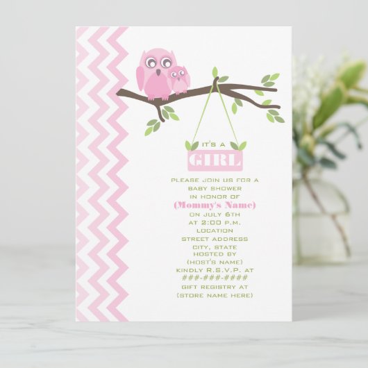 ガールベビーシャワーピンクの母とベビーフクロウ 招待状 (スタンド正面)
