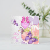 ガールベビーシャワーピンクバタフライパープルフローラ 招待状 (スタンド正面)
