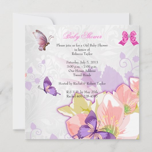 ガールベビーシャワーピンクバタフライパープルフローラ 招待状 (裏面)