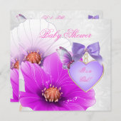 ガールベビーシャワーピンクパープルバタフライフローラ 招待状 (正面/裏面)