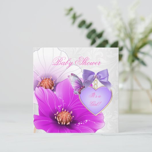 ガールベビーシャワーピンクパープルバタフライフローラ 招待状 (スタンド正面)