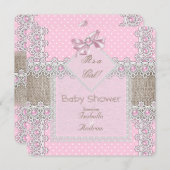 ガールベビーシャワーピンクパールボウレース水玉模様 招待状 (正面/裏面)