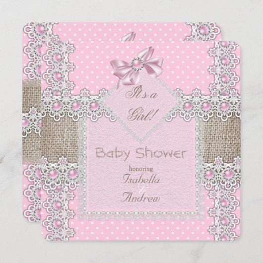 ガールベビーシャワーピンクパールボウレース水玉模様 招待状 (正面/裏面)