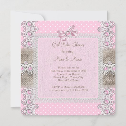 ガールベビーシャワーピンクパールボウレース水玉模様 招待状 (裏面)