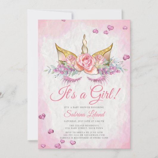 ガールベビーシャワーピンクファンタジー眠いユニコーン 招待状 (正面)
