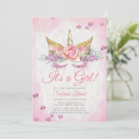 ガールベビーシャワーピンクファンタジー眠いユニコーン 招待状 (スタンド正面)