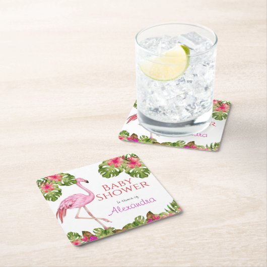 ガールベビーシャワーピンクフラミンゴ熱帯野生生物 スクエアペーパーコースター (インサイチュ)