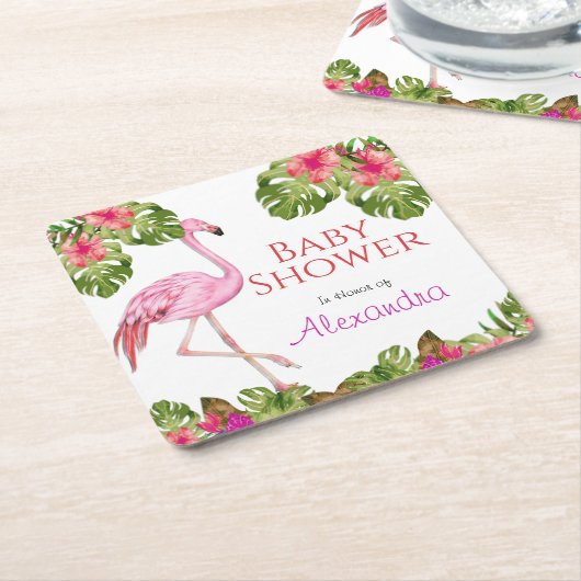 ガールベビーシャワーピンクフラミンゴ熱帯野生生物 スクエアペーパーコースター (アングル)