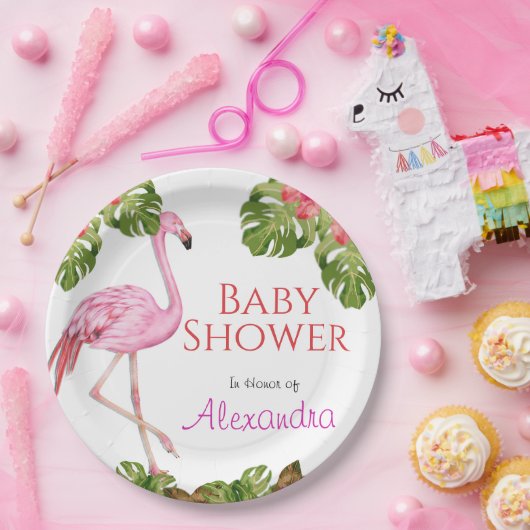 ガールベビーシャワーピンクフラミンゴ熱帯野生生物 ペーパープレート (パーティー)