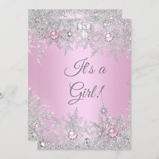 ガールベビーシャワーピンク冬ワンダーランド 招待状 (正面/裏面)