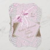 ガールベビーシャワーピンク素朴ボウパールレース2 招待状 (正面/裏面)