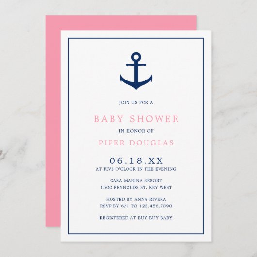 ガールベビーシャワーピンク航海のブルーいかり 招待状 (正面/裏面)