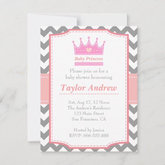 ガールベビーシャワーベビープリンセス(ピンククラウン付き) 招待状 (正面)