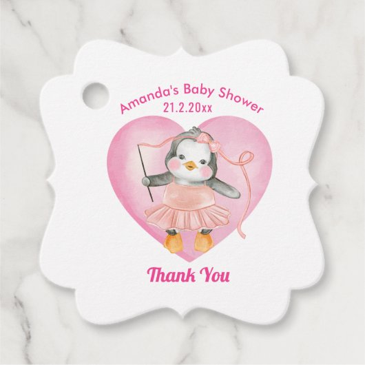 ガールベビーシャワーペンギンピンクありがとうメッセージカード フェイバータグ (正面)