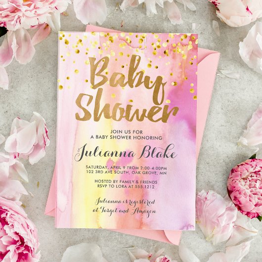 ガールベビーシャワーモダンウォーターカラー招待状 招待状