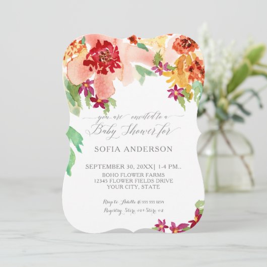 ガールベビーシャワーモダンウォーター色秋フローラ 招待状 (スタンド正面)